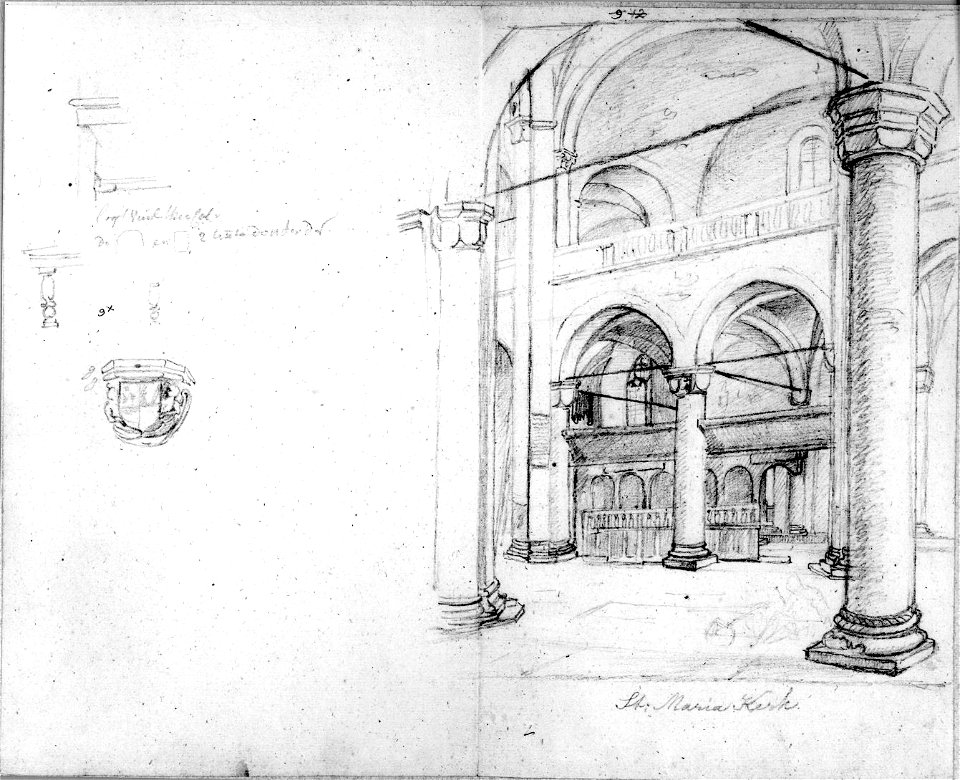 HUA-31146-Interieur van de Mariakerk te Utrecht een gedeelte van het schip en de zuidelijke zijbeuk gezien vanuit de noordelijke zijbeuk Met enkele detailschets