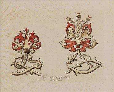HUA-28146-Afbeelding van twee ornamenten van een gedecoreerd houten gewelf met gepolychromeerde ribben in een vertrek in het huis Domsteeg F 309NB Het adres Dom