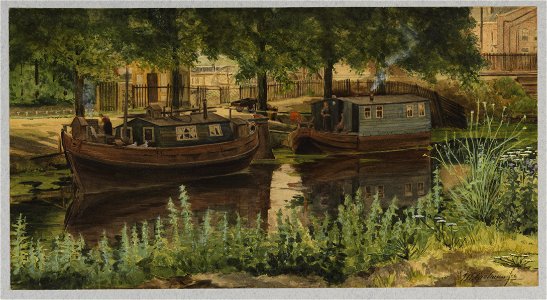 HUA-28223-Gezicht op het water langs de Mineurslaan te Utrecht bij de Damlustkazerne met twee woonboten
