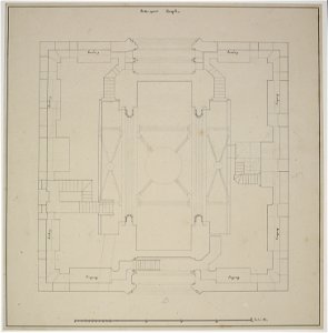 HUA-214470-Plattegrond van de eerste verdieping met de Michaelskapel in de Domtoren te Utrecht met weergave van de indeling van de vertrekken