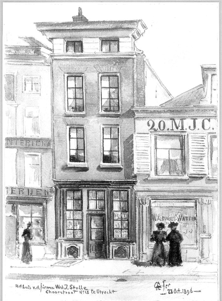 HUA-31685-Gezicht op de voorgevel van het huis Choorstraat 18 te Utrecht de winkel van de weduwe J Stolle en een gedeelte van de aangrenzende winkel woonhuizen