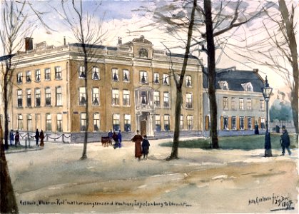 HUA-31682-Gezicht op de zij en voorgevel van het huis Lepelenburg 1 te Utrecht het woonhuis van de bankiersfamilie Vlaer en Kol met rechts het aangrenzende kant