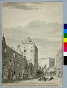 HUA-30135-Gezicht vanaf de Ganzenmarkt te Utrecht in de richting van de Oudegracht met in het midden het wed naar de werf links van het midden het huis Keyserri