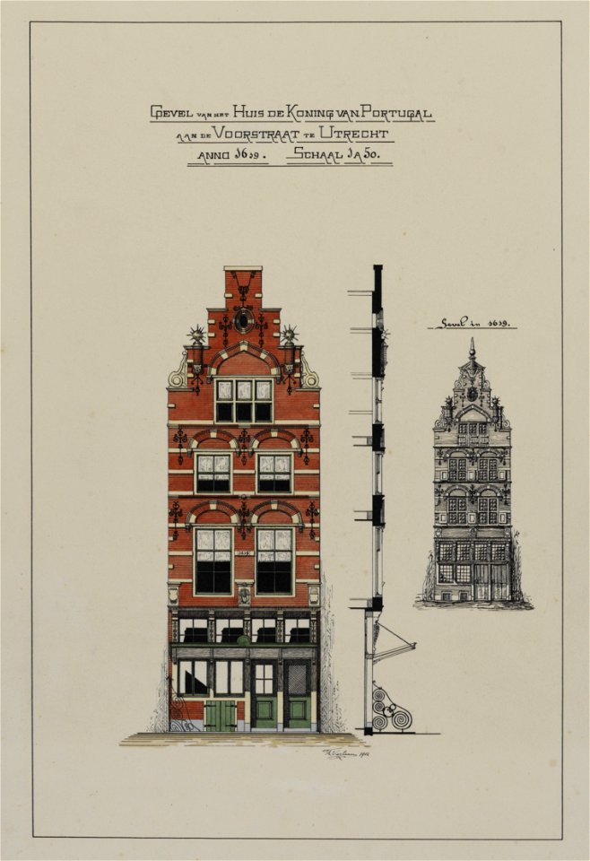 HUA-216341-Opstand en doorsnede van de voorgevel van het huis Voorstraat 14 De Koning van Portugal teUtrechtMet opstand van de gereconstrueerde oorspronkelijke v