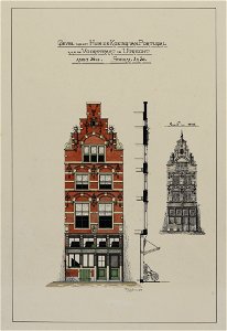 HUA-216341-Opstand en doorsnede van de voorgevel van het huis Voorstraat 14 De Koning van Portugal teUtrechtMet opstand van de gereconstrueerde oorspronkelijke v