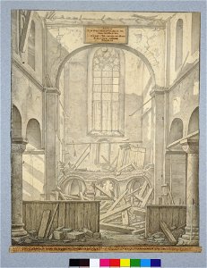 HUA-28643-Interieur van de Pieterskerk te Utrecht het schip uit het oosten met de ravage die is ontstaan na het instorten van de beide torenspitsen in het weste