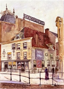 HUA-31690-Gezicht op de voor en de zijgevel van het huis Oudegracht 134 136 op de hoek van de Vinkenburgsteeg te Utrecht de kledingwinkel van de fima Peek en Cl
