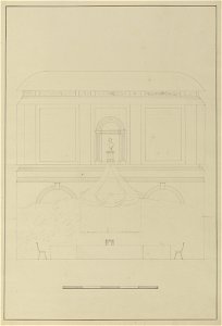 HUA-32555-Afbeelding van een van de korte wanden van de hal van het stadhuis met een ontwerp voor de aankleding voor het diner aangeboden aan koning Willem II t