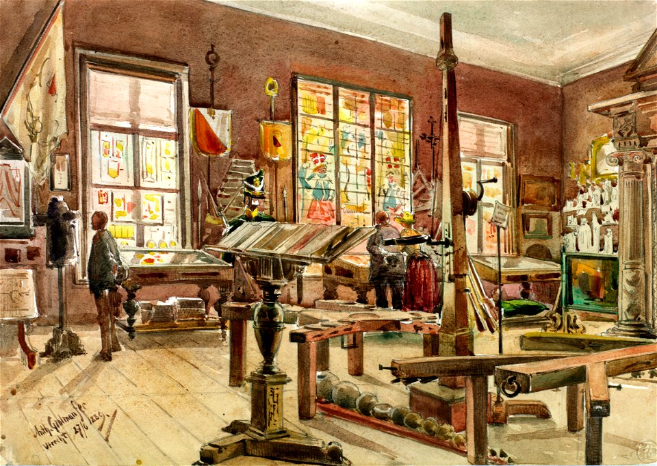 HUA-31726-Interieur van het stadhuis Stadhuisbrug te Utrecht het Stedelijk Museum van Oudheden op de tweede verdieping zaal G met martelwerktuigen en andere 17d