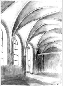 HUA-31722-Interieur van het St Catharijnegasthuis aan de Lange Nieuwstraat te Utrecht de zuidelijke arm van de kruisgang van het klooster de voormalige vrouwenz