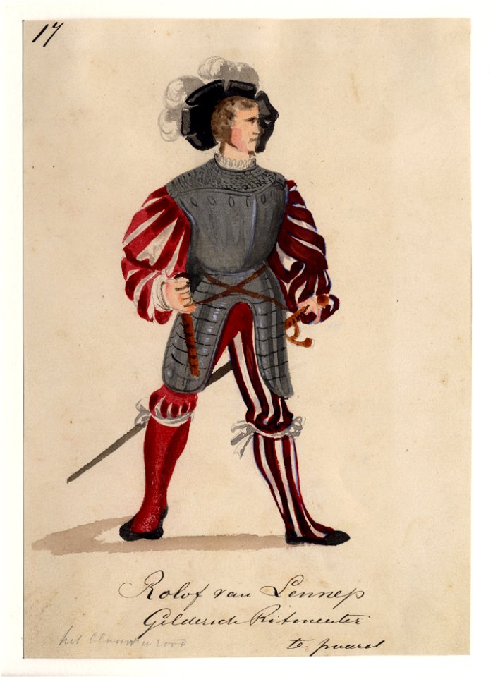 HUA-32712-Afbeelding van een kostuumontwerp van de Gelderse ritmeester Rolof van Lennep figurant in de maskerade van de studenten van de Utrechtse hogeschool te