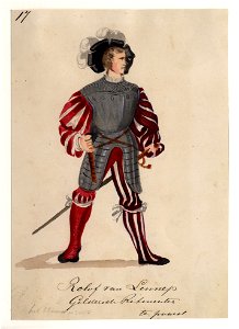 HUA-32712-Afbeelding van een kostuumontwerp van de Gelderse ritmeester Rolof van Lennep figurant in de maskerade van de studenten van de Utrechtse hogeschool te