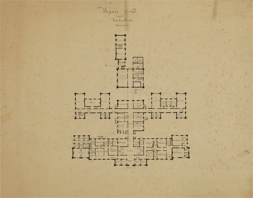 HUA-216679-Plattegrond van de begane grond van het hoofdgebouw van het Stads en Academisch Ziekenhuis te Utrecht met indeling en vermelding van de bestemming van