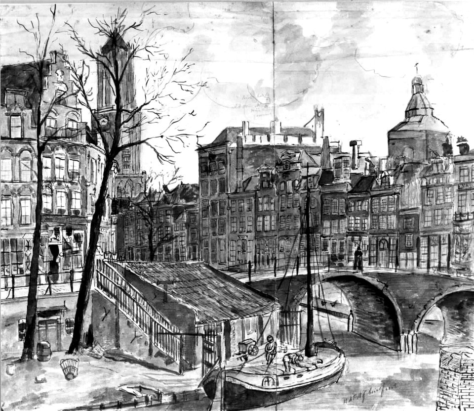 HUA-30397-Gezicht op de Oudegracht te Utrecht uit het noorden met de Bakkerbrug en op de achtergrond de Domtoren het huis Groenewoude en de toren van de Buurker