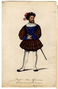 HUA-32724-Afbeelding van een kostuumontwerp van de Lunenburgse edelman Jasper van Queern figurant in de maskerade van de studenten van de Utrechtse hogeschool t