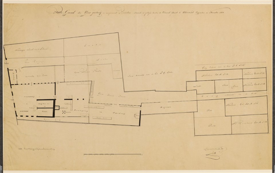 HUA-216581-Plattegrond van het gebouwencomplex van de ijzergieterij met een aantal aangrenzende percelen gelegen buiten de Weerdpoort te Utrecht met indeling en 