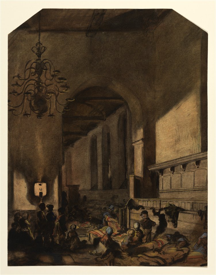 HUA-29097-Interieur van de Geertekerk te Utrecht ingericht als opvangcentrum voor watersnoodvluchtelingen uit Veenendaal gezicht vanuit het transept in de noord