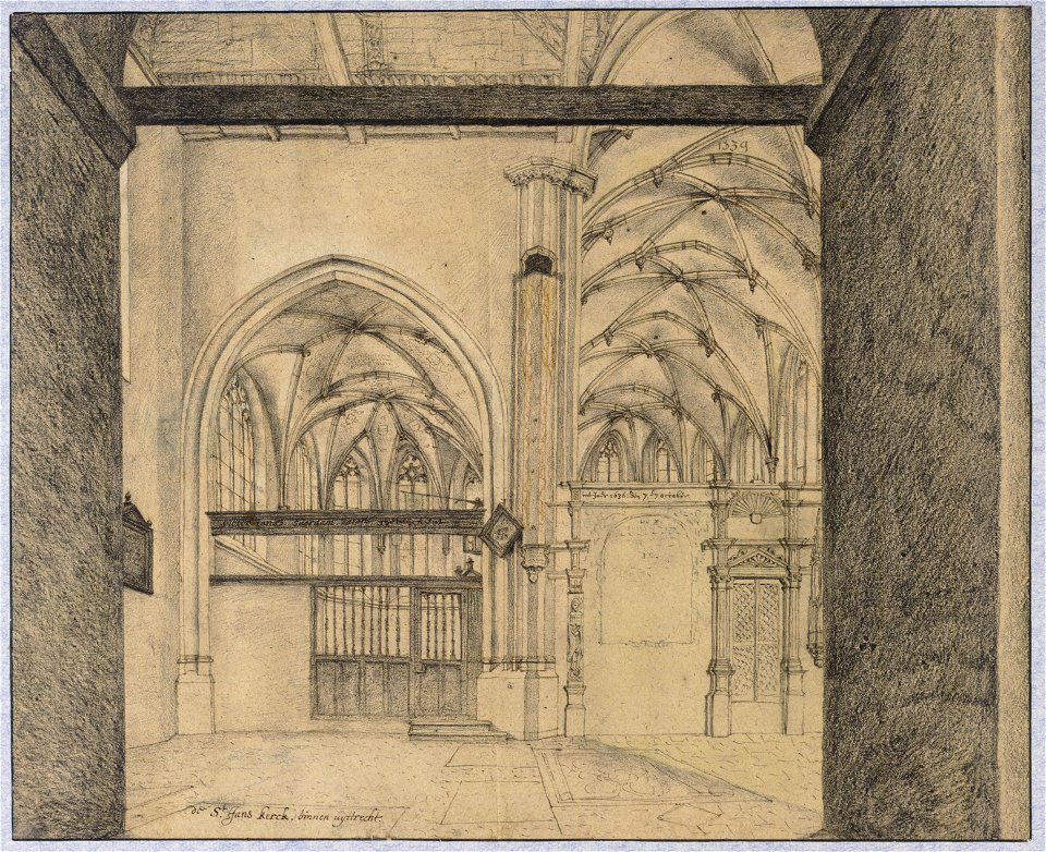 HUA-28604-Interieur van de Janskerk te Utrecht het transept met het koor en het noorderzijkoor met de toegang tot de stadsbibliotheek uit het westen