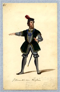 HUA-32740-Afbeelding van een kostuumontwerp van Maarten van Rossem figurant in de maskerade van de studenten van de Utrechtse hogeschool ter gelegenheid van het