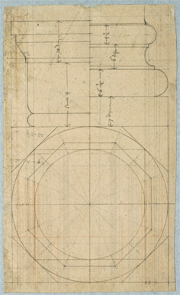 HUA-28612-Constructietekening van een kapiteel een basement en van een horizontale doorsnede van een vrijstaande zuil van de Mariakerk te Utrecht