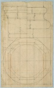 HUA-28612-Constructietekening van een kapiteel een basement en van een horizontale doorsnede van een vrijstaande zuil van de Mariakerk te Utrecht