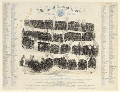 HUA-29116-Afbeelding van een optocht op weg naar het tweede Nederlands Nationaal Zangersfeest in Park Tivoli te Utrecht met aan weerszijden de namen van de deel