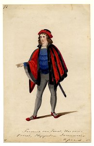 HUA-32748-Afbeelding van een kostuumontwerp van Frederik van Voorst heer van Voorst Keppel en Doorwerth figurant in de maskerade van de studenten van de Utrecht