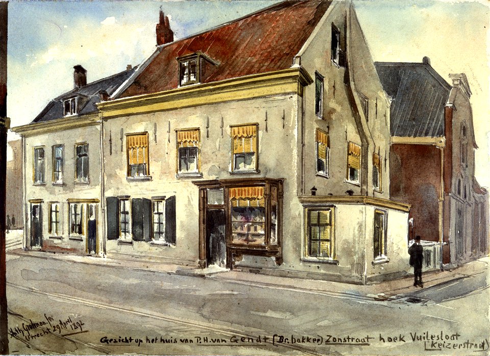HUA-31689-Gezicht op de voor en de zijgevel van het huis Nobelstraat 8 op de hoek van de Keizerstraat te Utrecht het winkel woonhuis van de broodbakker PH van G