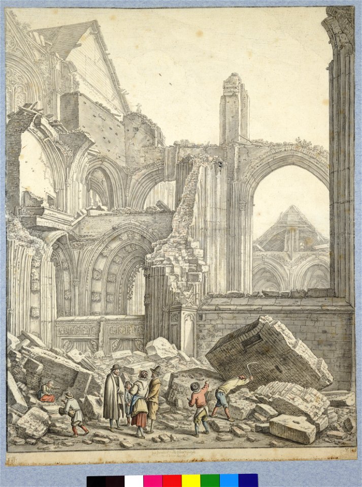 HUA-28628-Gezicht op de ruïne van het schip van de Domkerk te Utrecht uit het noordwesten links de noordelijke ingang en het noordertransept op de achtergrond d