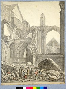 HUA-28628-Gezicht op de ruïne van het schip van de Domkerk te Utrecht uit het noordwesten links de noordelijke ingang en het noordertransept op de achtergrond d