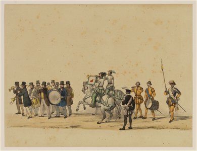 HUA-29056-Eerste gedeelte van de maskerade van de studenten van de Utrechtse hogeschool op 17 juni 1846 voorstellende de intocht van prins Philips II in Utrecht