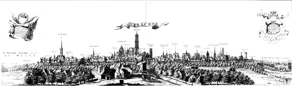 HUA-28383-Profiel van de stad Utrecht uit het westen gezien van Bemuurde Weerd tot en met Tolsteeg Met linksboven een cartouche met een zesregelige opdracht aan