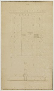 HUA-216377-Opstand van de noordgevel van de eerste geleding van de Domtoren te Utrecht met vermelding van een aantal afmetingen