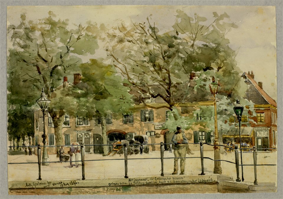 HUA-31709-Gezicht op de voorgevel van hotel café restaurant De Geldersche Bloem Ledig Erf 4 te Utrecht met rechts de hoek van de Gansstraat