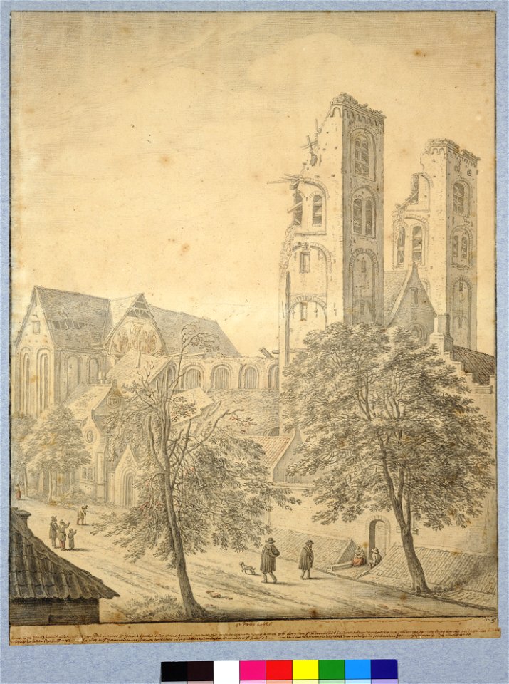 HUA-28644-Gezicht op de Pieterskerk te Utrecht uit het noordwesten De kerk is zwaar beschadigd door de tornado van augustus 1674