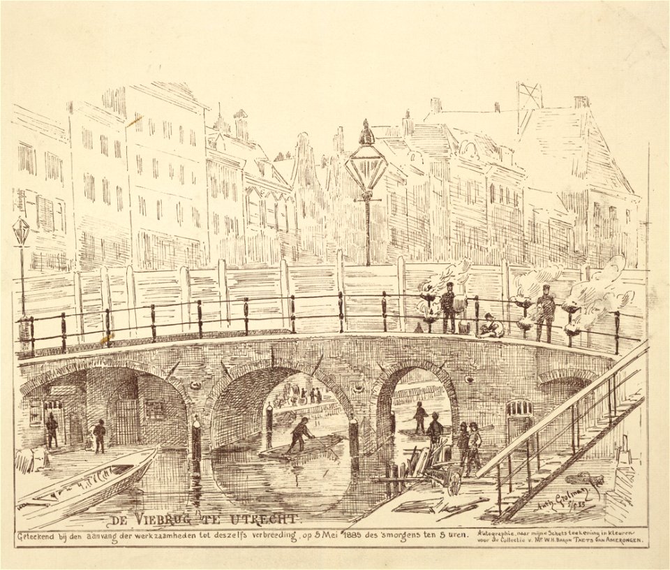HUA-31618-Gezicht op de Viebrug over de Oudegracht te Utrecht bij het begin van de werkzaamheden ter verbreding van de brug op 5 mei 1885