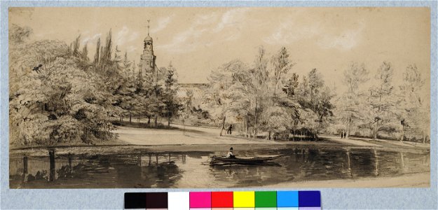 HUA-31004-Gezicht over de stadsbuitengracht te Utrecht op het singelplantsoen bij Manenburg vanaf de Tolsteegsingel uit het zuidoosten met op de achtergrond een