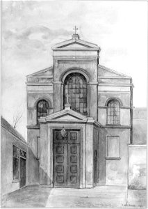 HUA-31661-Gezicht op de voorgevel van de St Martinuskerk Achter Twijnstraat te UtrechtNB De naam Achter Twijnstraat is in 1917 gewijzigd in Oudegracht