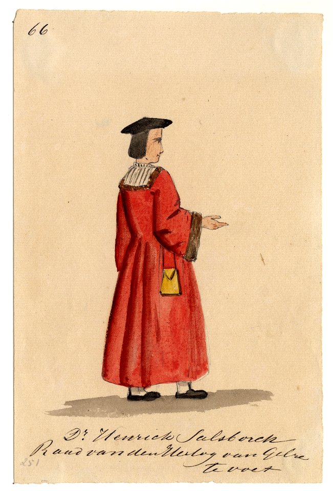 HUA-32744-Afbeelding van een kostuumontwerp van dr Henrick Salsborch raad van de hertog van Gelre figurant in de maskerade van de studenten van de Utrechtse hog