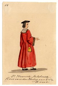 HUA-32744-Afbeelding van een kostuumontwerp van dr Henrick Salsborch raad van de hertog van Gelre figurant in de maskerade van de studenten van de Utrechtse hog