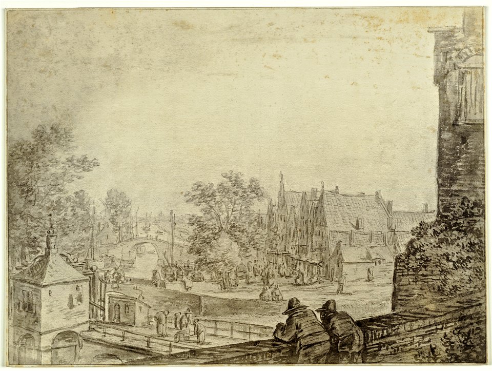 HUA-30550-Gezicht vanaf de wal aan de binnenzijde van de stadsmuur van Utrecht op de Tolsteegbrug met het accijnshuisje en het hek van de Tolsteegpoort rechts o