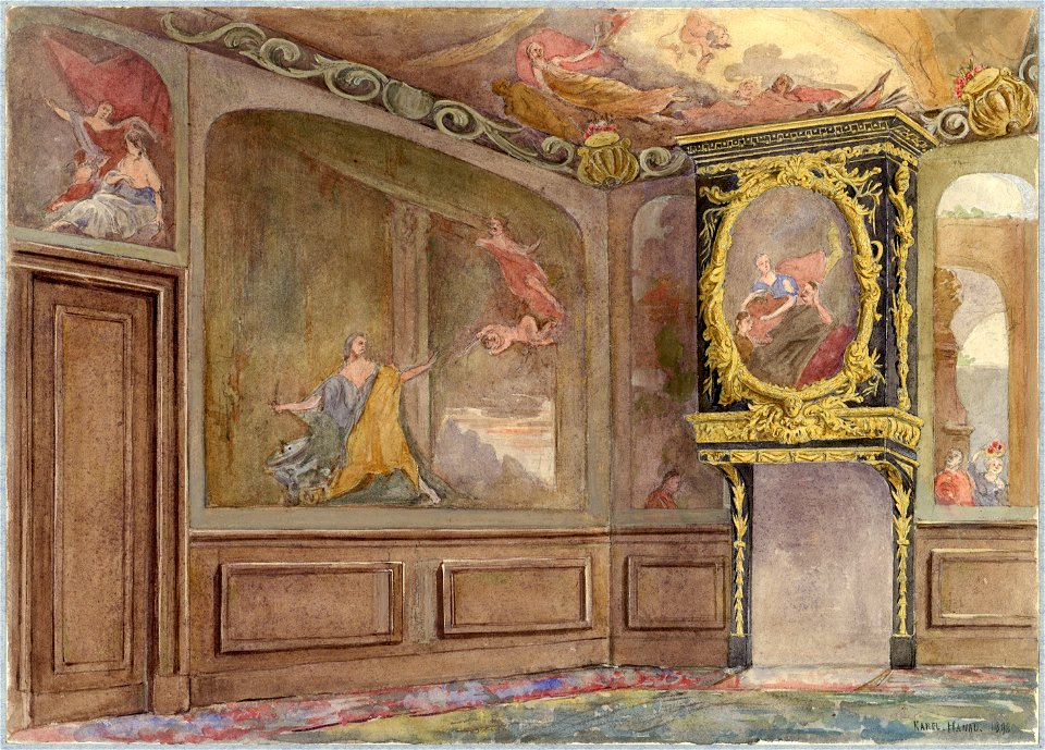 HUA-30717-Interieur van het huis Kromme Nieuwegracht 80 te Utrecht een zijkamer beschilderd met klassieke voorstellingen
