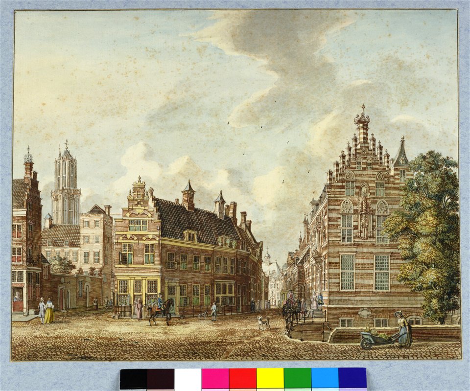 HUA-30482-Gezicht op de noordzijde van de Pausdam te Utrecht met links een gezicht in Achter de Dom met de Domtoren op de achtergrond in het midden een gezicht 