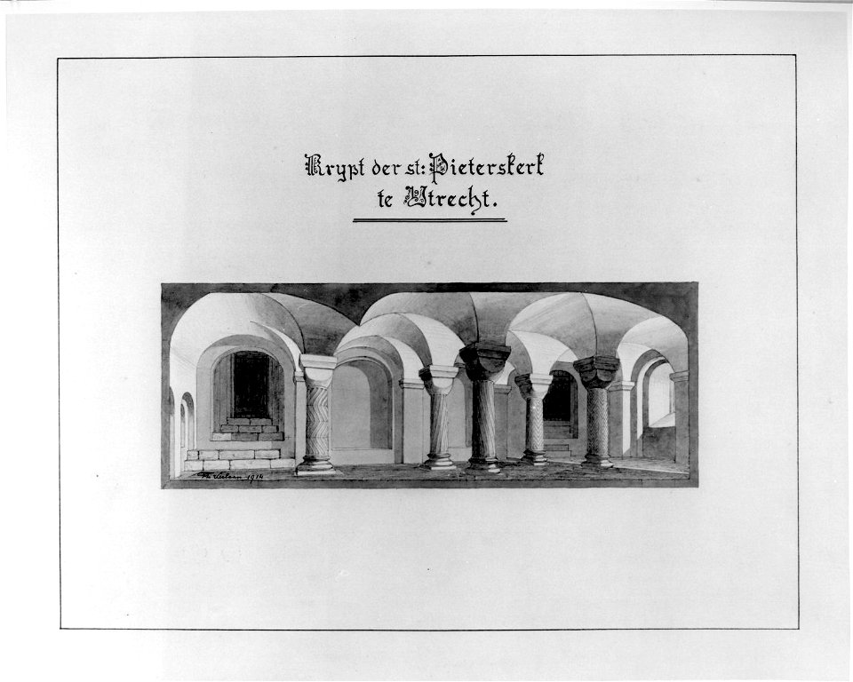 HUA-31117-Interieur van de Pieterskerk te Utrecht de crypte gezien uit het zuidwesten