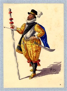 HUA-32808-Afbeelding van een kostuumontwerp van een niet nader genoemde historische figuur figurant in de maskerade van de studenten van de Utrechtse hogeschool