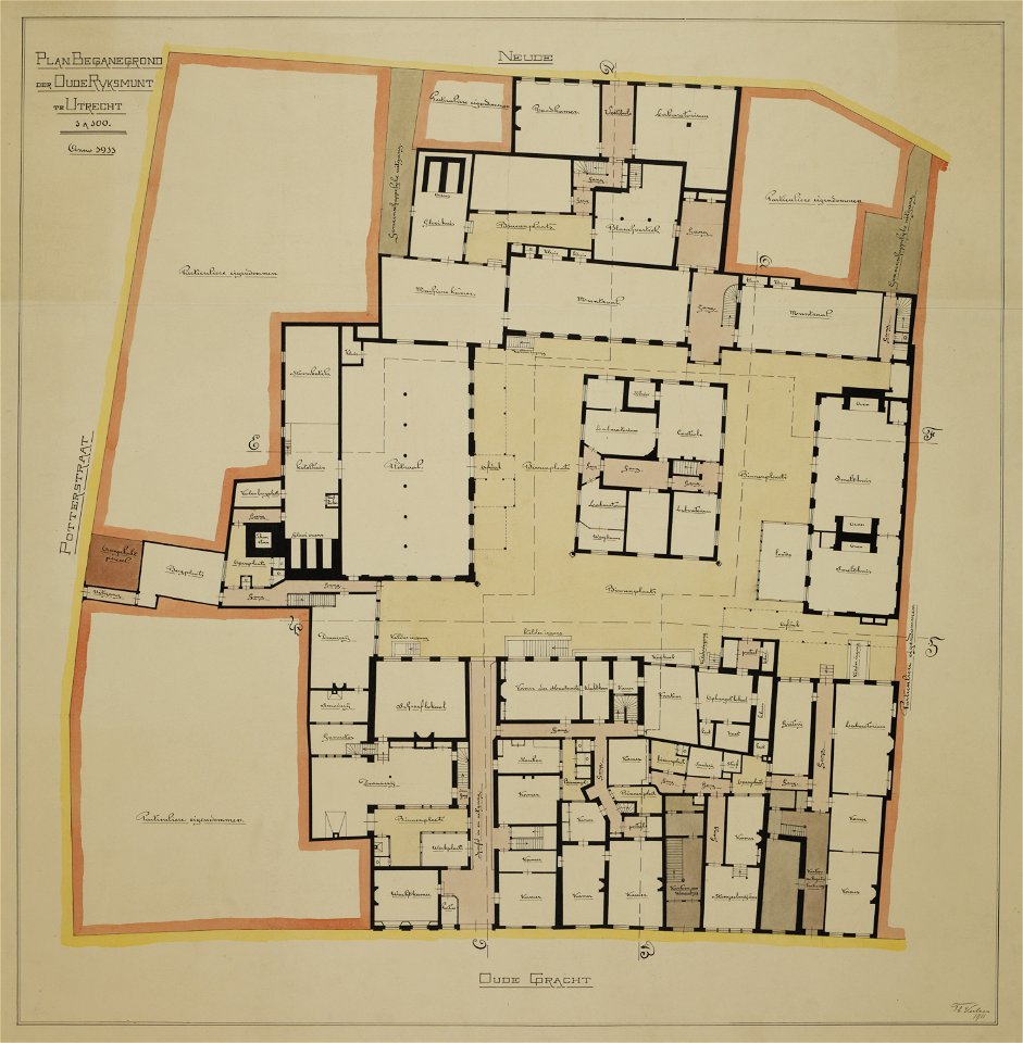 HUA-216833-Plattegrond van de Rijksmunt gelegen tussen de Oudegracht en de Neude te Utrecht met weergave en vermelding van de bestemming van de vertrekkenZie voo