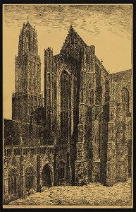 HUA-32870-Gezicht vanuit de kruisgang van de Domkerk te Utrecht op de westelijke arm van de kruisgang het zuidertransept van de Domkerk en de Domtoren uit het z
