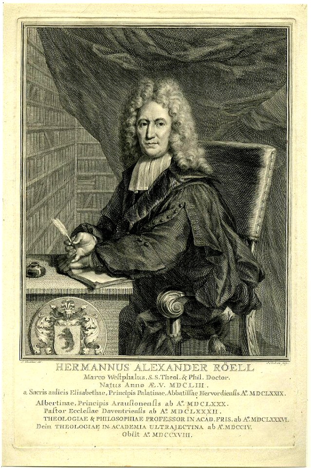 HUA-32048-Portret van Herman Alexander Röell geboren 1653 hoogleraar in de theologie aan de Utrechtse hogeschool 1704 1718 overleden 1718 Kniestuk links in toga