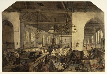 HUA-29094-Interieur van de Geertekerk te Utrecht ingericht als opvangcentrum voor watersnoodvluchtelingen uit Veenendaal doorkijk vanuit het transept in het sch