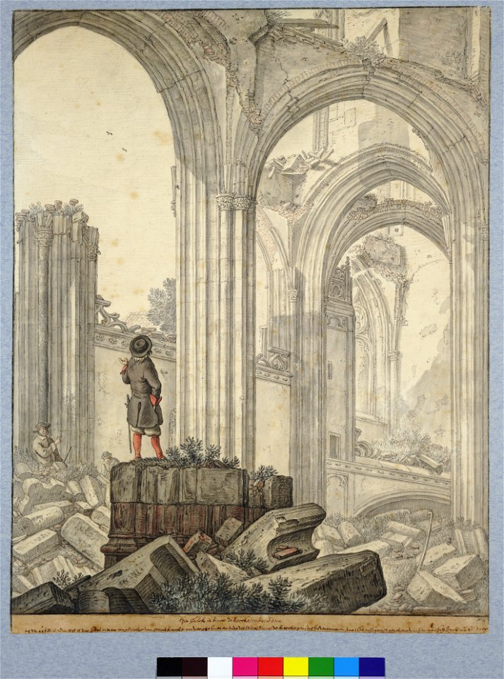 HUA-28640-Gezicht op de ruïne van het schip van de Domkerk te Utrecht uit het zuidwesten de noordelijke buitenste zijbeuk en de kapellen Van der Vecht en Taets 
